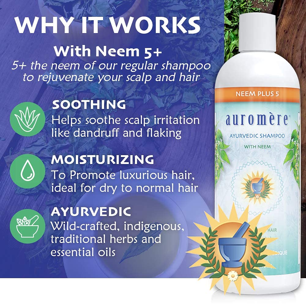 Auromere Ayurvedic Shampoo, Neem + 5 - Vegan, Cruelty Free, Non-GMO, Natural, Gluten Free, Sulfate Free, Paraben Free for Normal to Oily Hair (16 fl