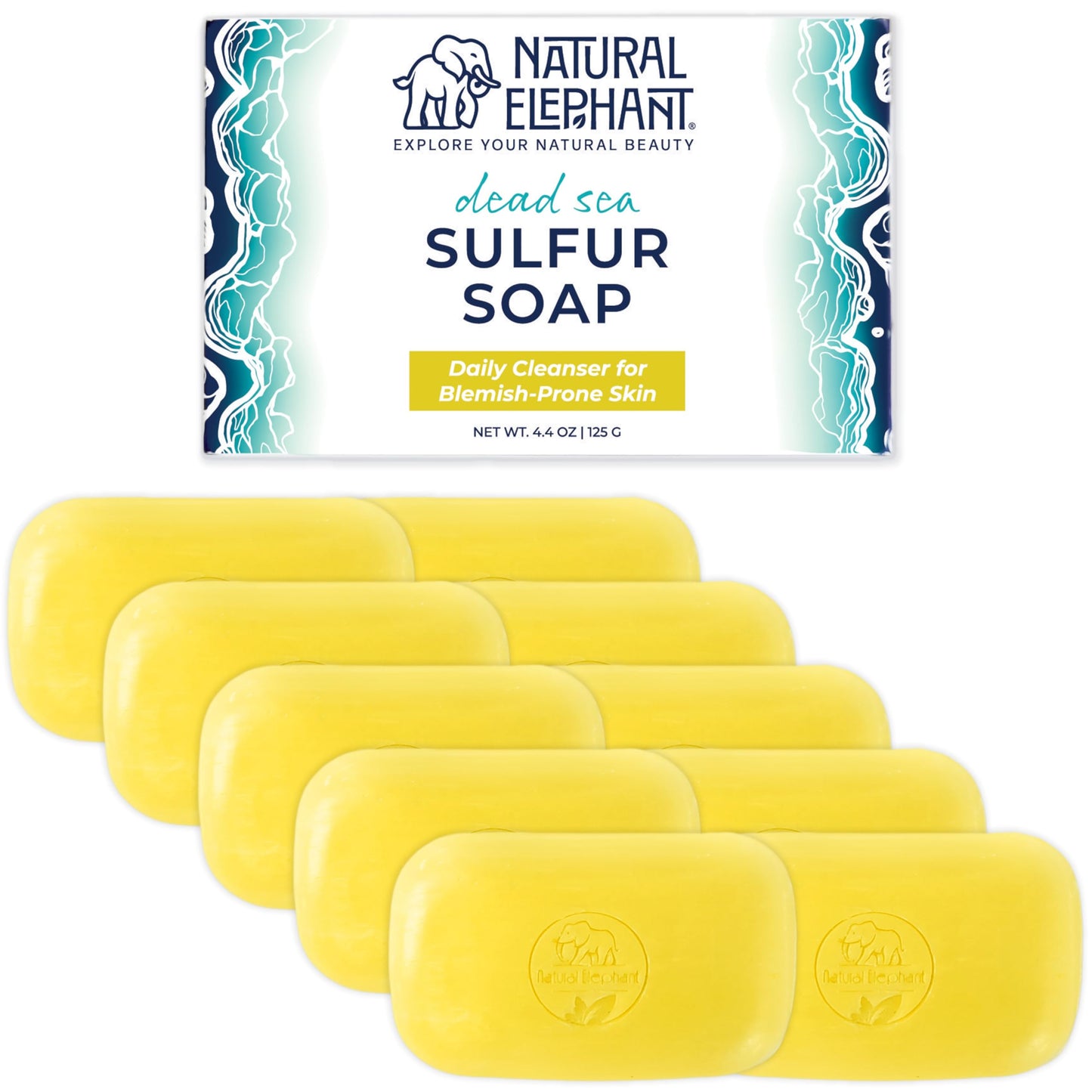 Natural Elephant Dead Sea Sulfur Soap 4.4 oz with Dead Sea Salt, Aloe Vera, Sulphur Face and Body Cleanser Bar for All Skin Types (10 Pack (44 oz Beauty & Personal Care Natural Elephant