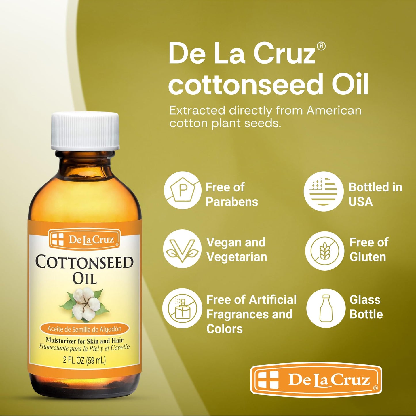 De La Cruz Cottonseed Oil - Moisturizer for Skin and Hair - Multipurpose Carrier Oil - 2 Fl OZ (1 Bottle) Beauty & Personal Care De La Cruz
