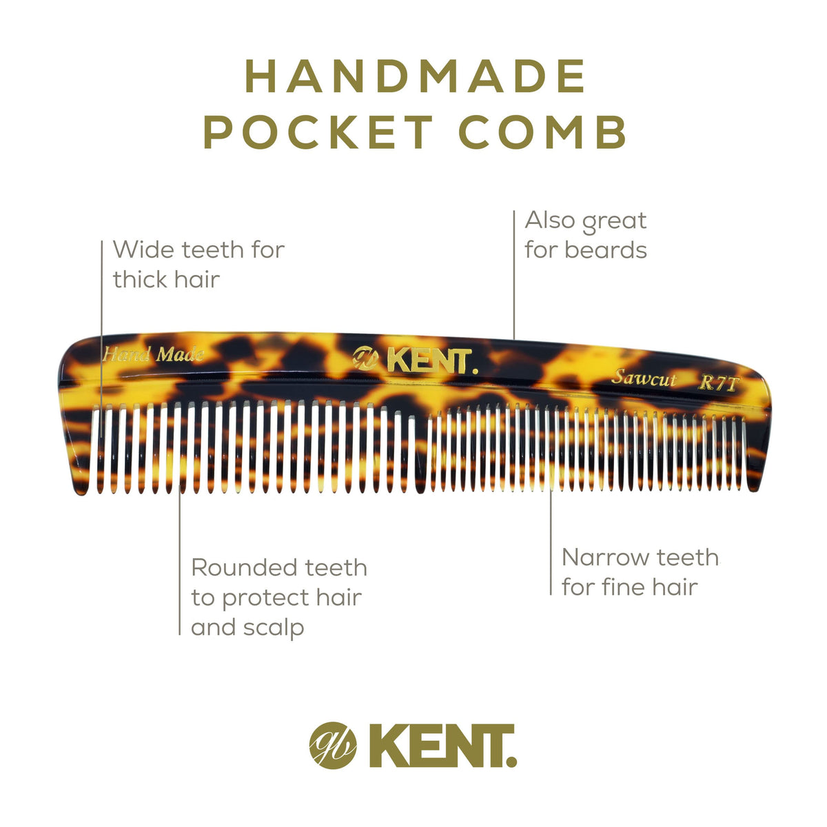 Kent R7T TY Fine and Wide Tooth Hair Comb, Handmade Pocket Comb for Men, Beard and Mustache Combs for Everyday Grooming and Styling, Sawcut Kent