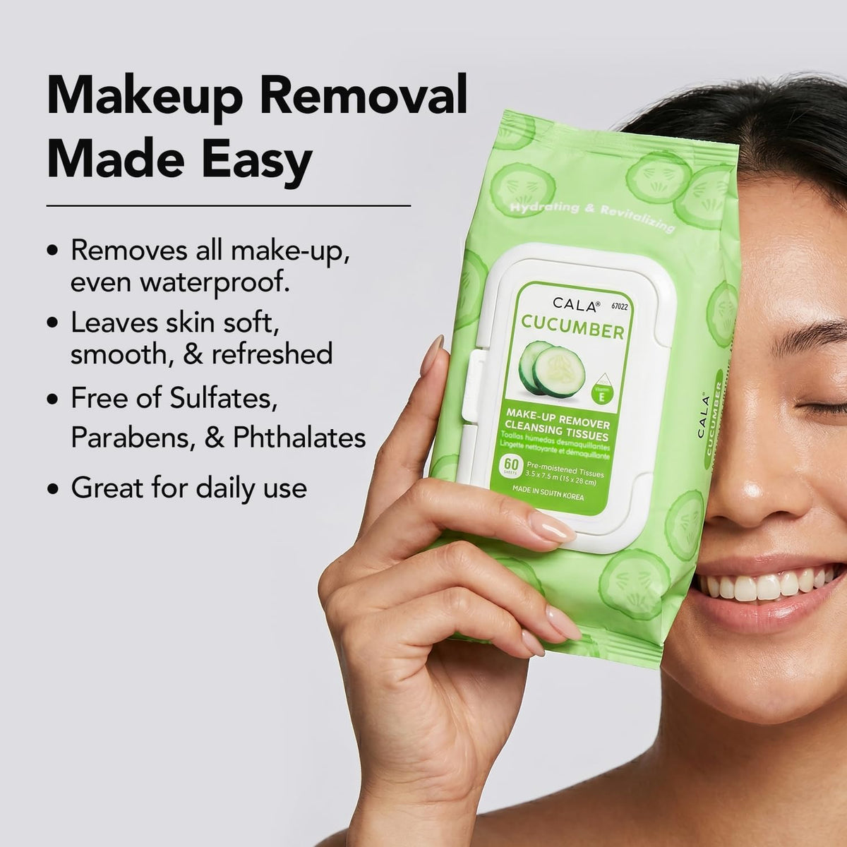 CALA Cucumber Makeup Remover Cleansing Tissues, Removes Makeup + Waterproof Eye Makeup Without Irritation, Deep Cleansing Wipes Leave Skin Soft Smooth