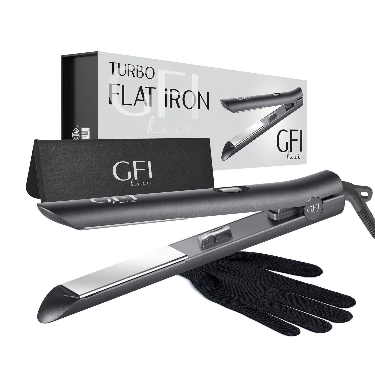 GFI Hair Straightener - Turbo Heating Element - Titanium Flat Iron - Straightens & Curls Any Hair Type - Temperature Control - Pouch & Glove Included Beauty & Personal Care GFI