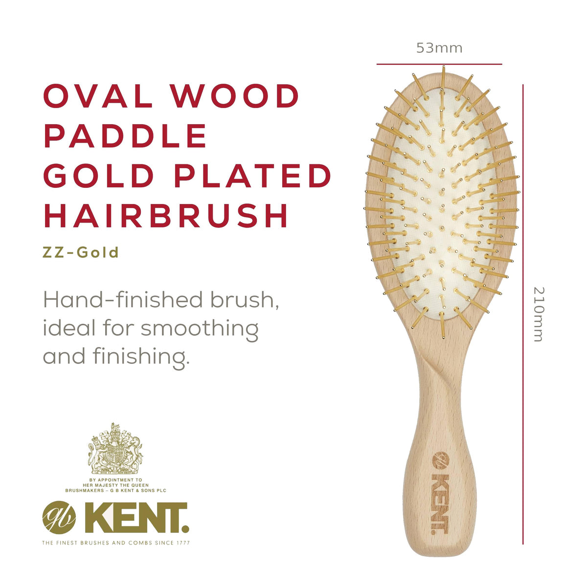 Kent ZZ Gold Plated Pin Rubber Cushion Detangler Brush for Detangling and Smoothing, Limited Edition Oval Paddle Hair Brush for Medium to Long Hair
