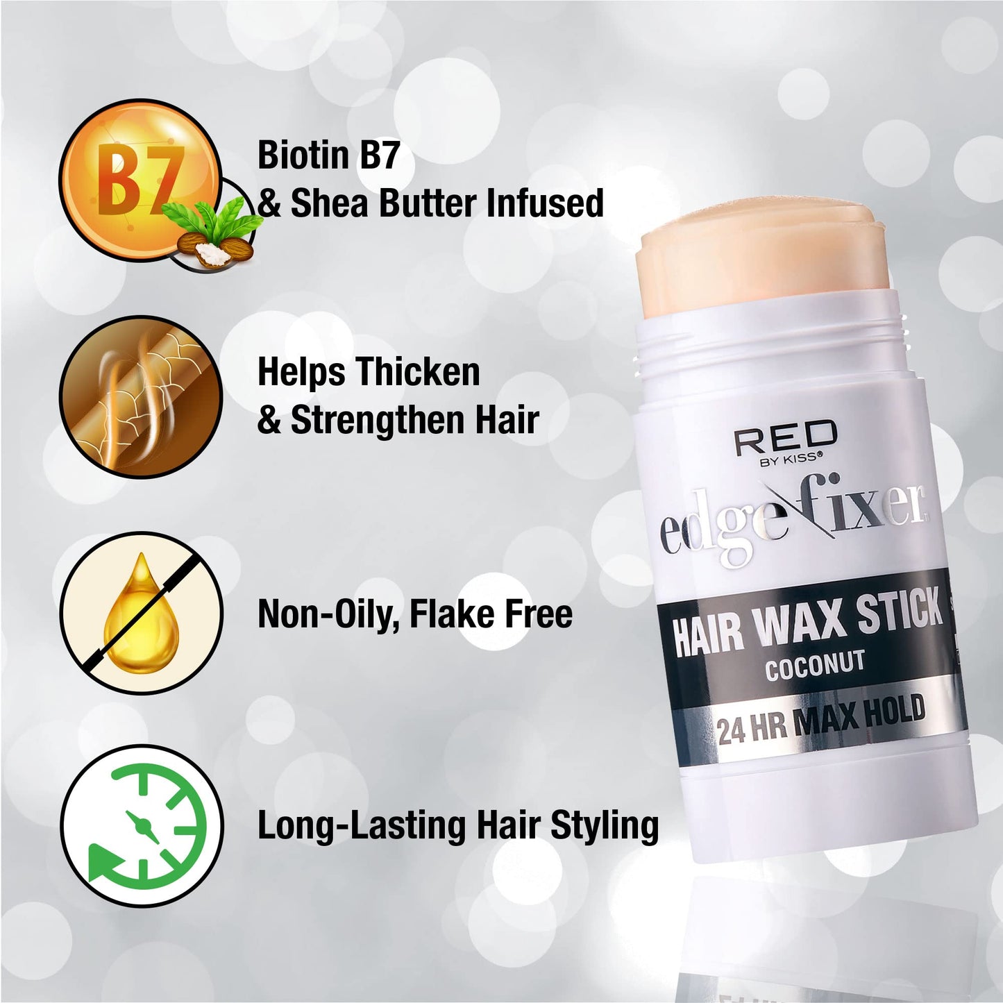 Red by Kiss Hair Wax Stick 24HR Max Hold Edge Fixer Edge Control Pomade Non-Sticky, Non-Oily Flake Free Hair Styling Wax (Coconut) Beauty & Personal Care Red by Kiss