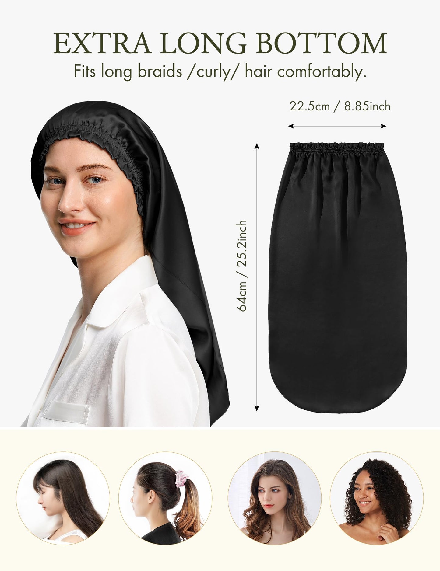 LilySilk Extra Long Silk Bonnet Sleep Cap for Women Soft Adjustable Hair Bonnet for Braids,Curly,Long Hair- Soft Elastic Band, Black Beauty and Personal Care LilySilk