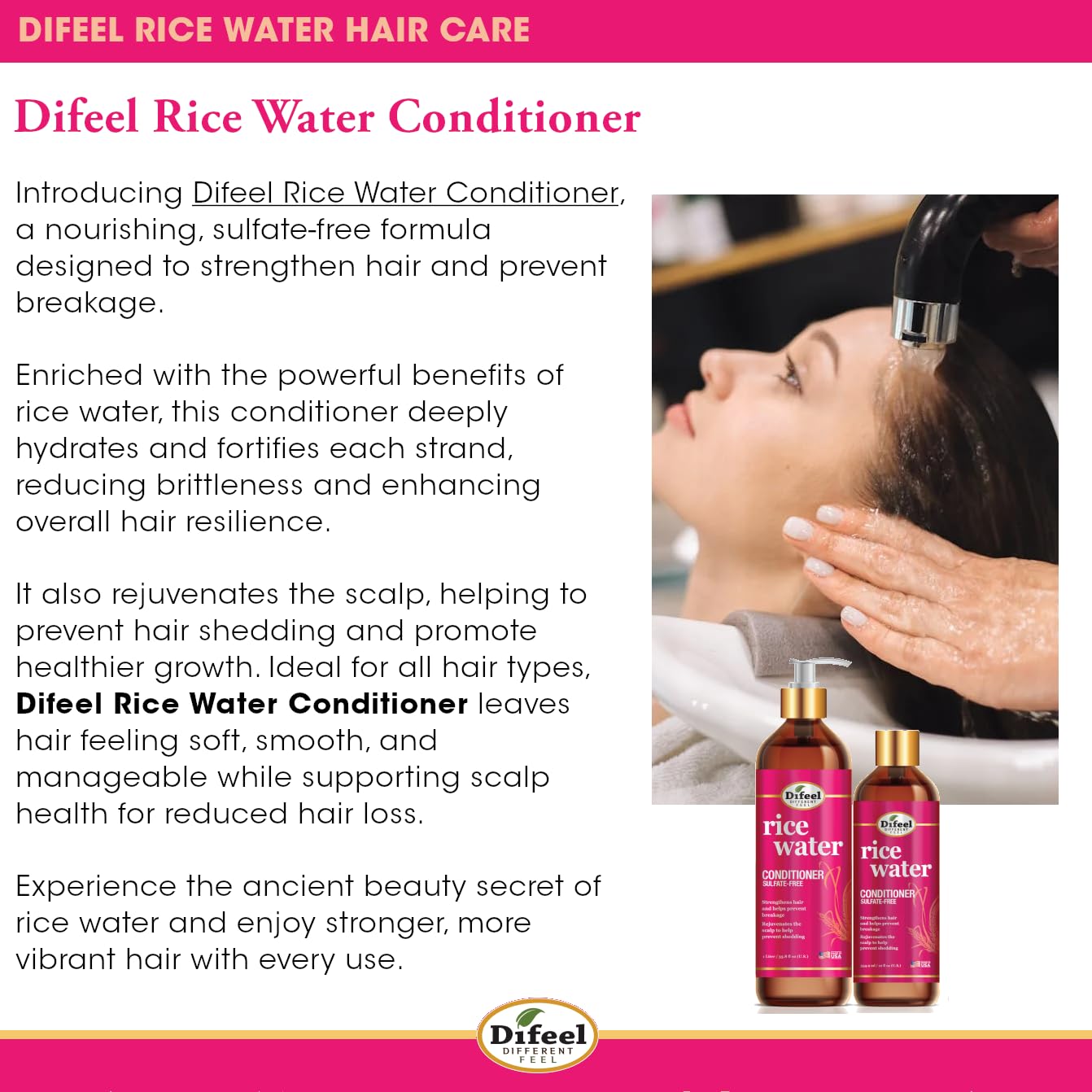 Difeel Rice Water Hair Care 4PC Shampoo & Conditioner Deep Conditioning Set - Includes 33.8oz Shampoo, 33.8oz Conditioner, 8oz Leave in & 7.1oz Hair Beauty & Personal Care Difeel
