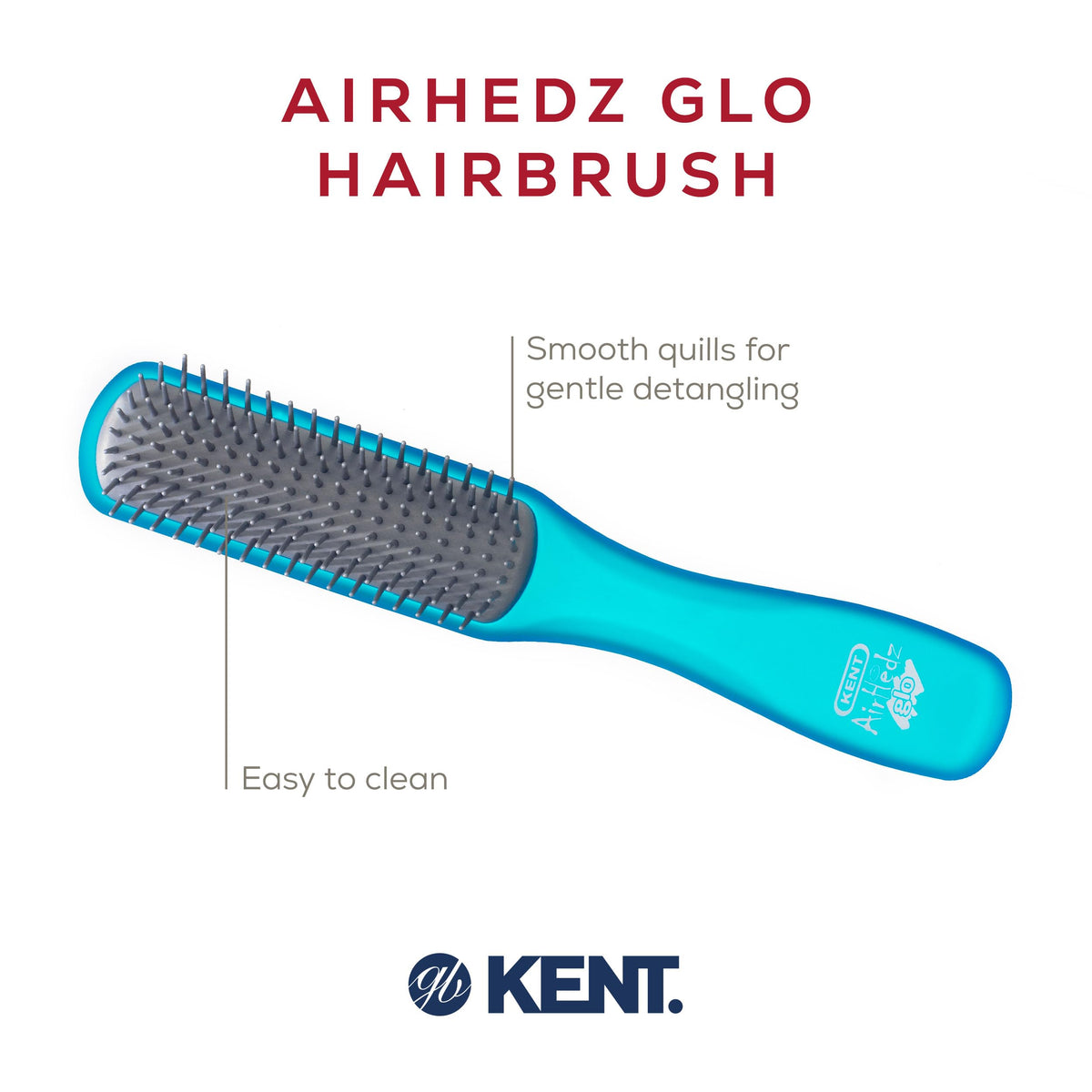 Kent AHGLO02 Airhedz Glo Blue Half Round Narrow Detangling Hair Brush - 9 Row Ionic Anti Static Non Scratch Long Nylon Bristle Great for Detangling