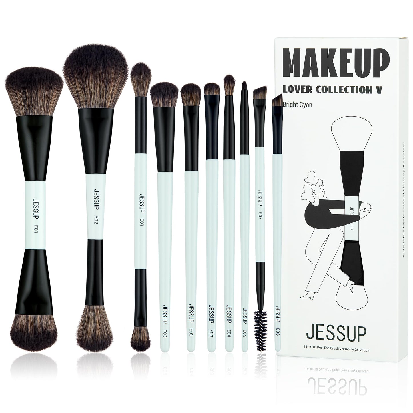 Jessup Makeup Brushes Set 10pcs, Double Sided Foundation Contour Blush Highlight Blending Eyebrow Brush Eyeshadow Eyeliner Concealer Brush, Bright Beauty and Personal Care Jessup
