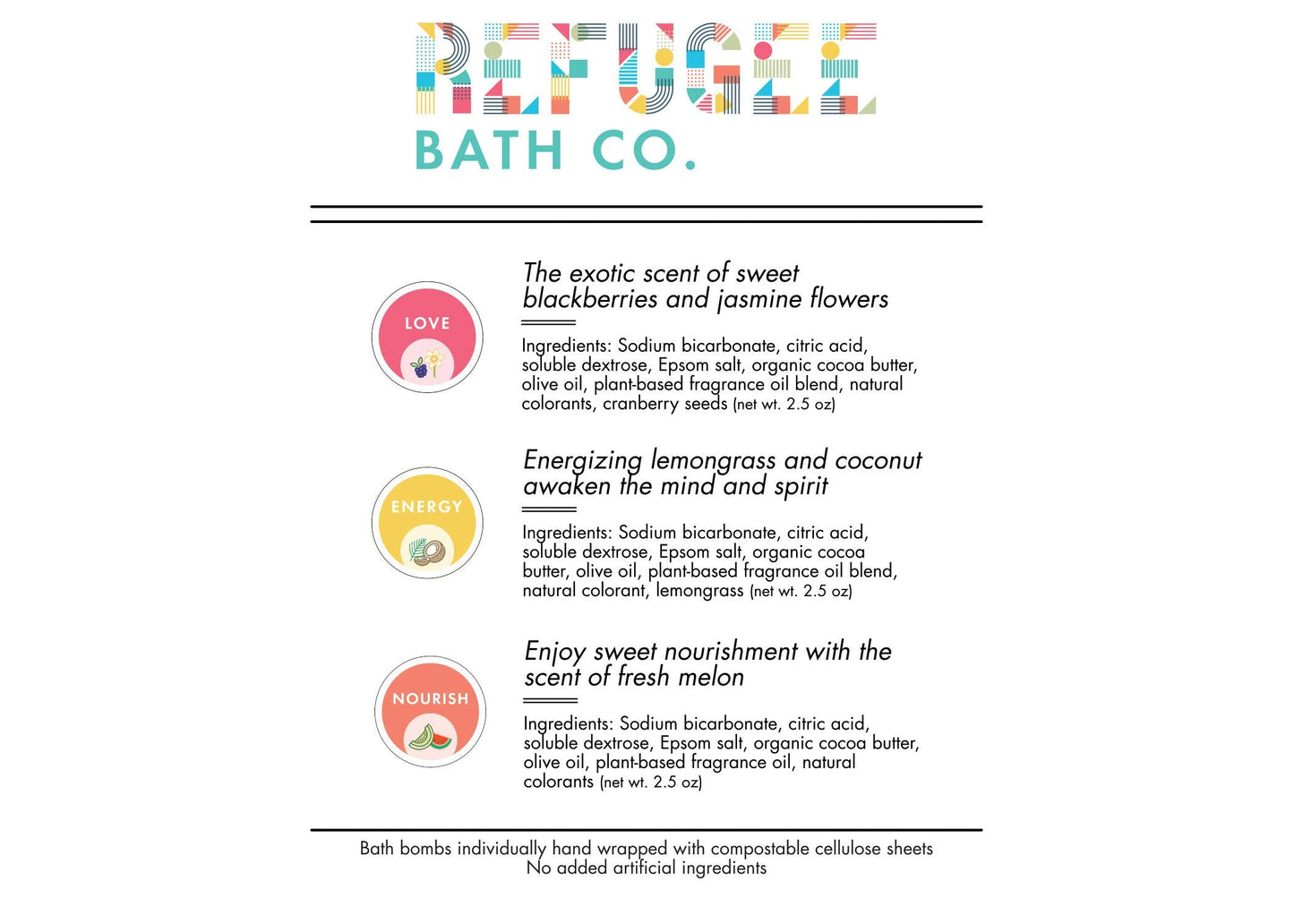 Refugee Bath Co. Variety Pack Bath Bombs 3.0 Ounces Each Organic Cocoa Butter Natural Plant-Based Ingredients (Variety 15 Pack: Rejuvenate) Beauty & Personal Care Refugee Bath Co.