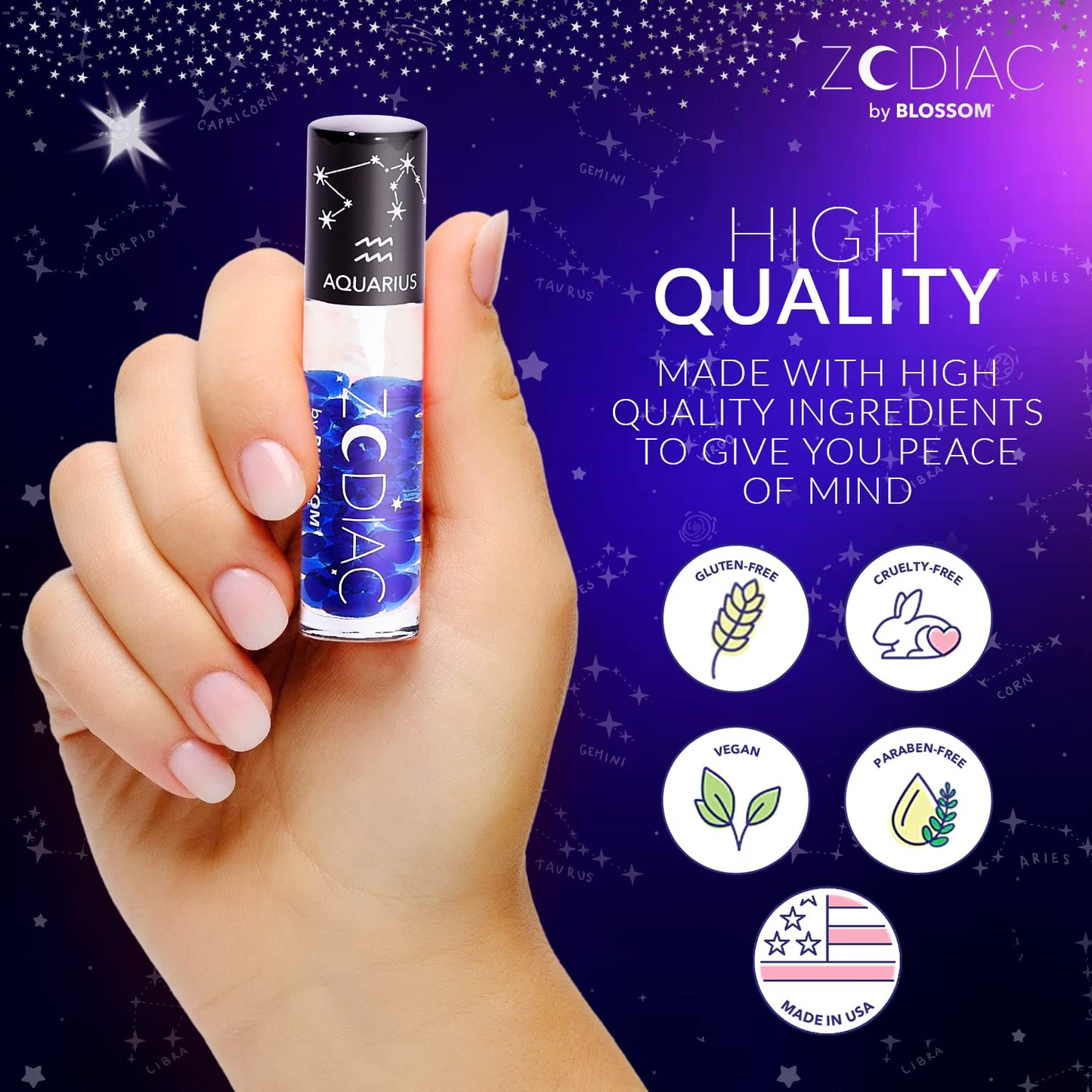Blossom Lip Gloss Zodiac Sign Vanilla Scented Roll-On Lip Gloss, Moisturizing + Hydrating with Zodiac Crystals, Made in USA, 0.20oz, Aquarius Beauty & Personal Care Blossom