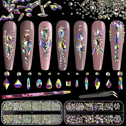 Multi Shapes 3D Glass AB Crystal Nail Art Rhinestones Kit with Flatback Round Bead Charm Gem Stone Jewelry Diamond with Pickup Pen + Tweezer Beauty & Personal Care BELLEBOOST