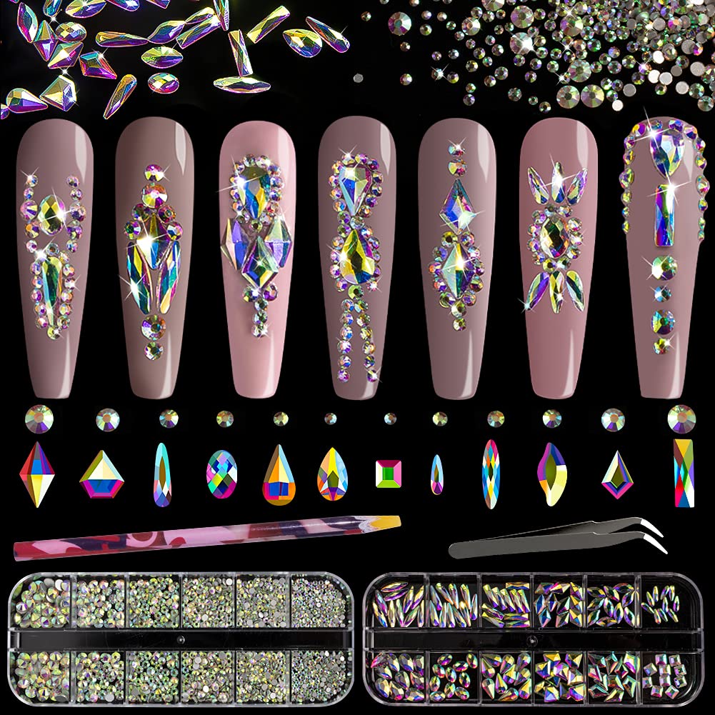 Multi Shapes 3D Glass AB Crystal Nail Art Rhinestones Kit with Flatback Round Bead Charm Gem Stone Jewelry Diamond with Pickup Pen + Tweezer Beauty & Personal Care BELLEBOOST