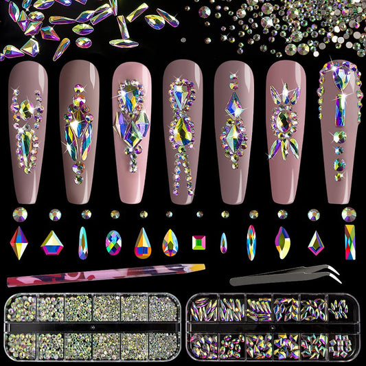 Multi Shapes 3D Glass AB Crystal Nail Art Rhinestones Kit with Flatback Round Bead Charm Gem Stone Jewelry Diamond with Pickup Pen + Tweezer Beauty & Personal Care BELLEBOOST