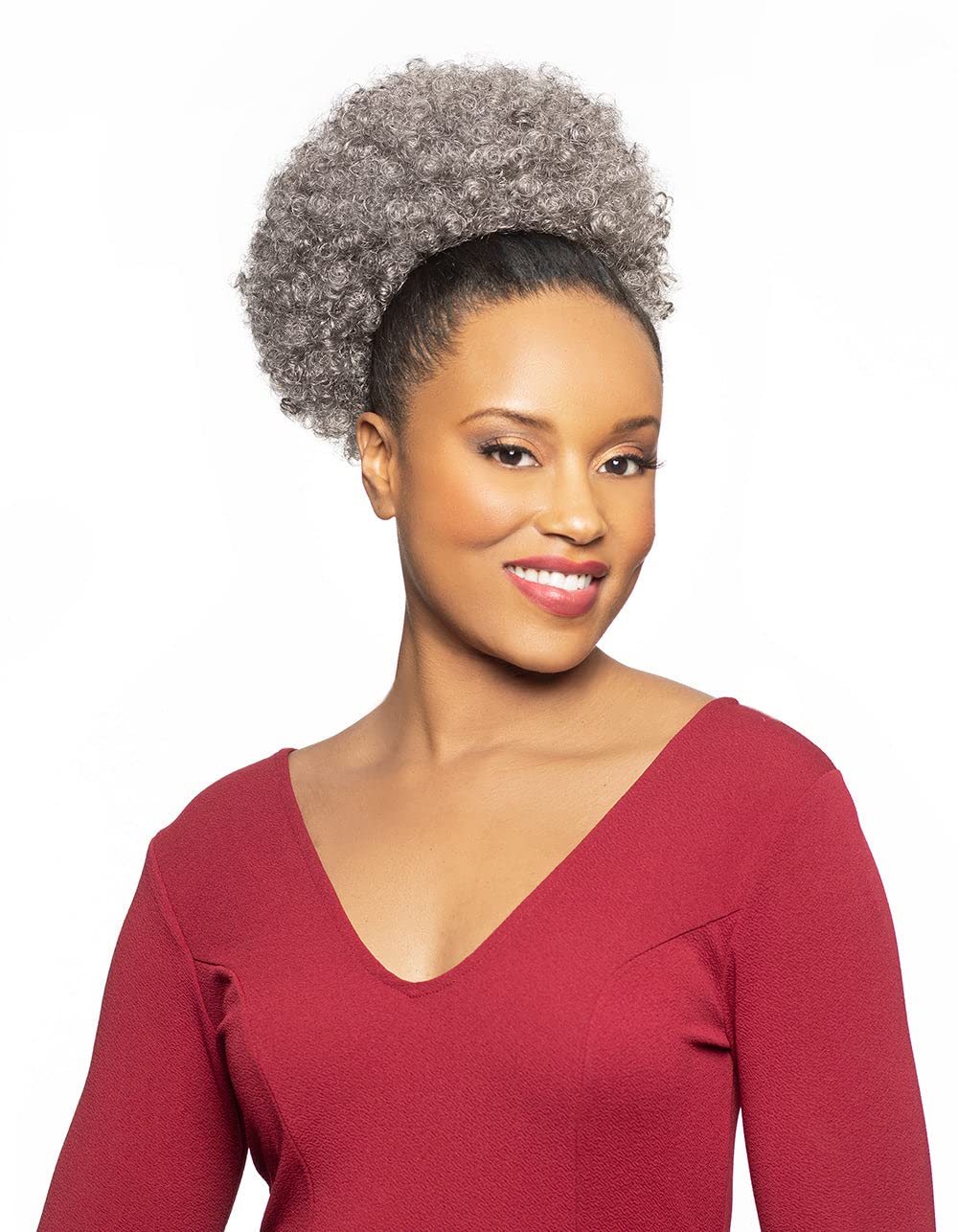 Foxy Silver DS015 Color F1B30 Wigs 5" Length Blow Out Curls Medium Length Hairpiece Synthetic Drawstring Ponytail African American Womens Grey Kinky
