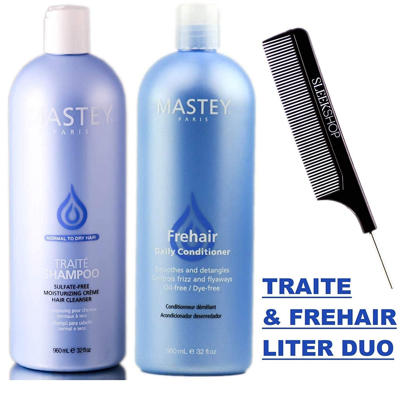 Mastey Paris TRAITE SHAMPOO & FREHAIR CONDITIONER, Sulfate-Free Cleanser & Detangler Duo Set, NORMAL TO DRY HAIR (w/Sleek Comb) (32 oz / 960 ml Beauty & Personal Care Mastey