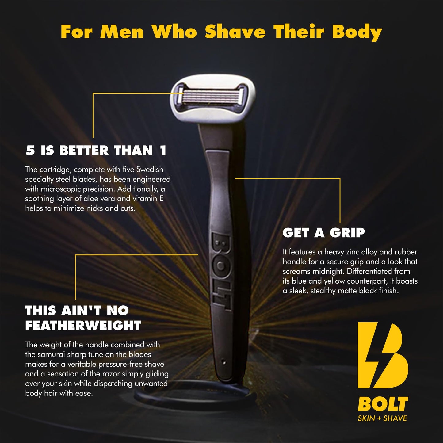 BOLT Skin + Shave - Performance Razor - Black Edition - 5-Blade Swedish Steel - Aloe & VIT E - Zinc Handle - Smooth Shave Kit - 2 Cartridges Beauty and Personal Care BOLT SKIN + SHAVE