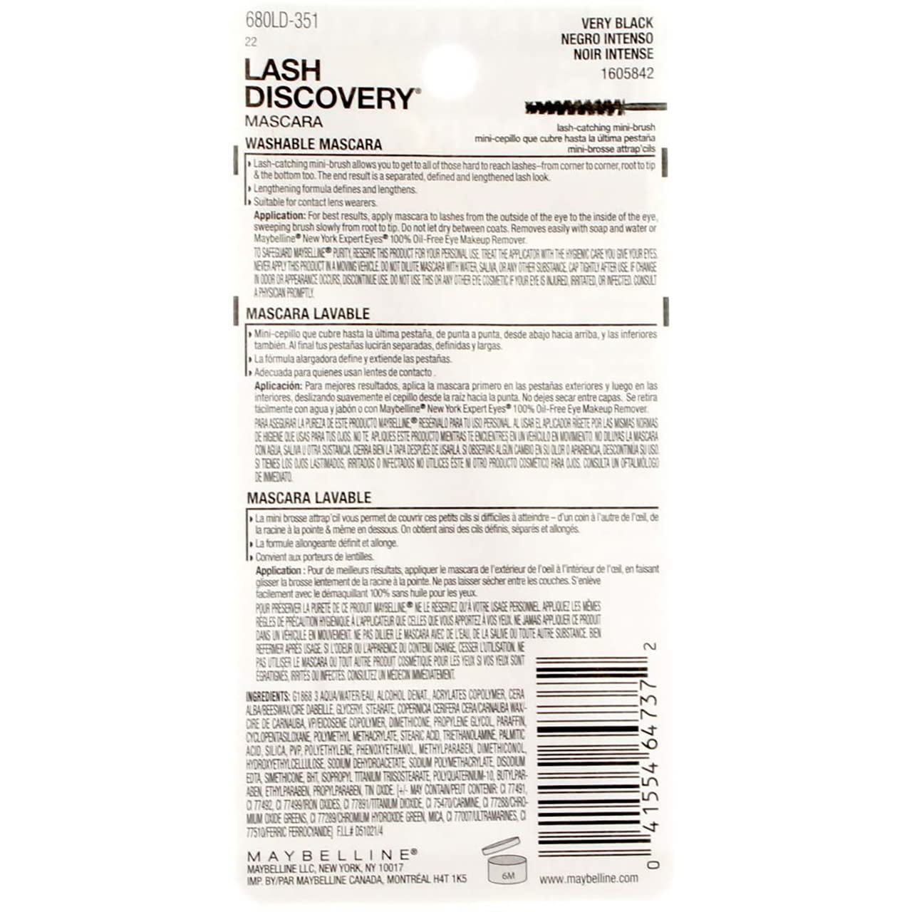 Maybelline New York Lash Discovery Washable Mascara, Very Black [351] 0.16 oz (Pack of 9) Beauty & Personal Care MAYBELLINE