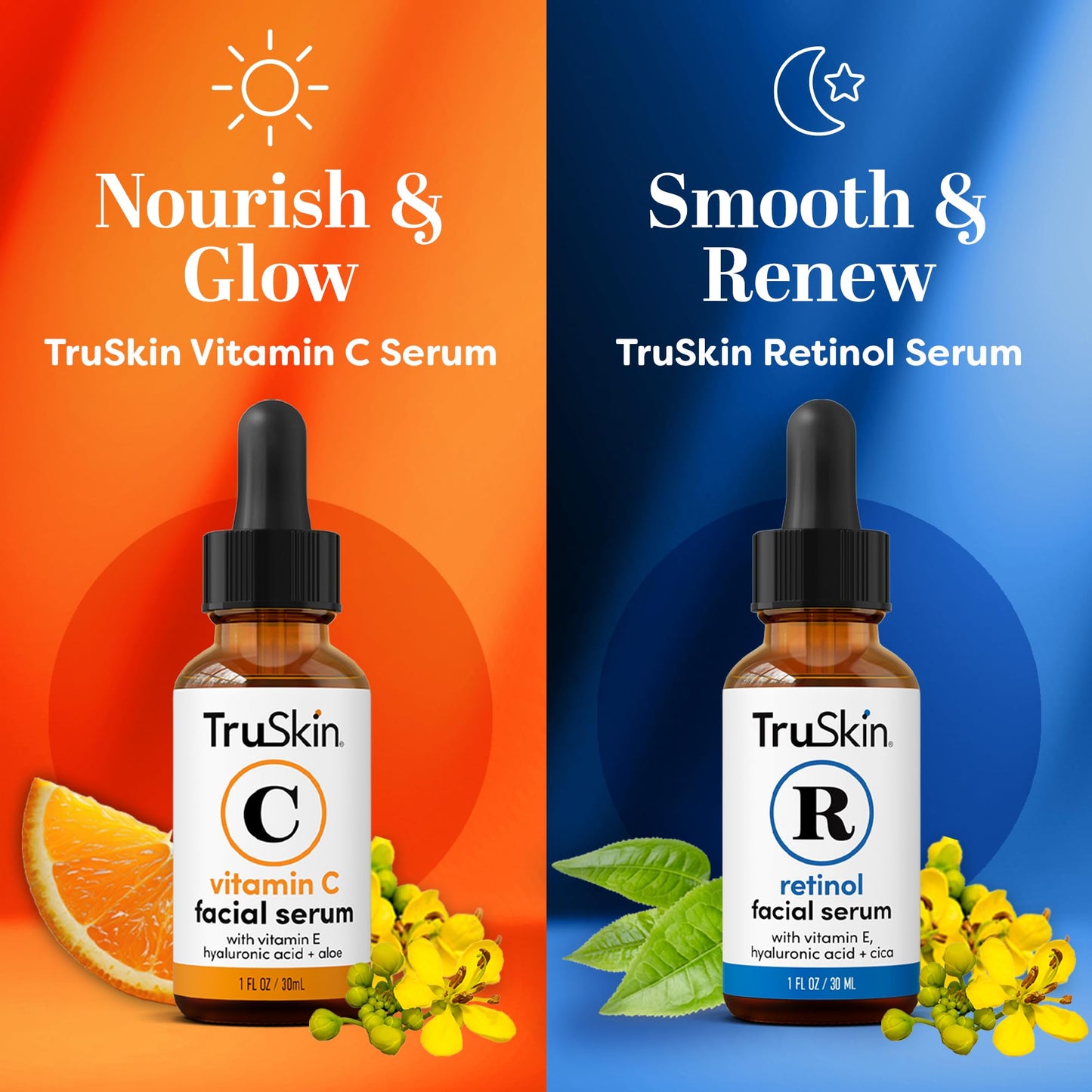 TruSkin Face Serum Duo - Vitamin C Serum & Retinol Serum for Face - AM & PM Anti Aging Skincare Routine - Brightening & Smoothing Facial Serums, 1 fl Beauty & Personal Care TruSkin