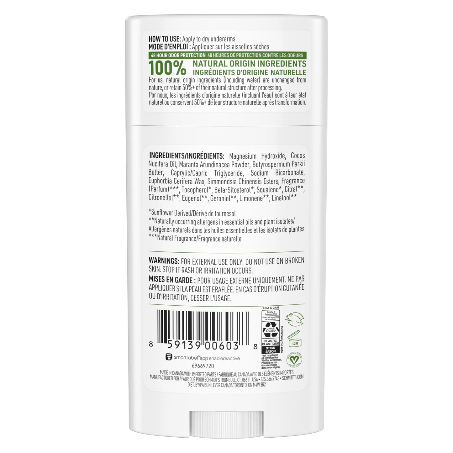 Schmidt's Aluminum-Free Vegan Deodorant Bergamot & Lime for Women and Men, with 24 Hour Odor Protection, Natural Ingredients, Cruelty-Free, 2.65 oz Beauty and Personal Care Schmidt's