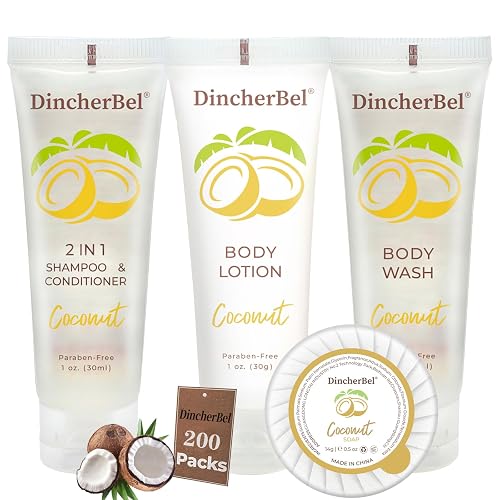 Hotel Amenities 200-Piece Travel Kit: Soap, Shampoo & Conditioner 2 in 1, Body Wash and Body Lotion Bulk Mini Kits for Toiletry Bags - Trial Size Bars Beauty & Personal Care DincherBel