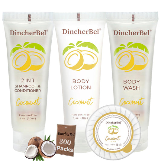 Hotel Amenities 200-Piece Travel Kit: Soap, Shampoo & Conditioner 2 in 1, Body Wash and Body Lotion Bulk Mini Kits for Toiletry Bags - Trial Size Bars Beauty & Personal Care DincherBel