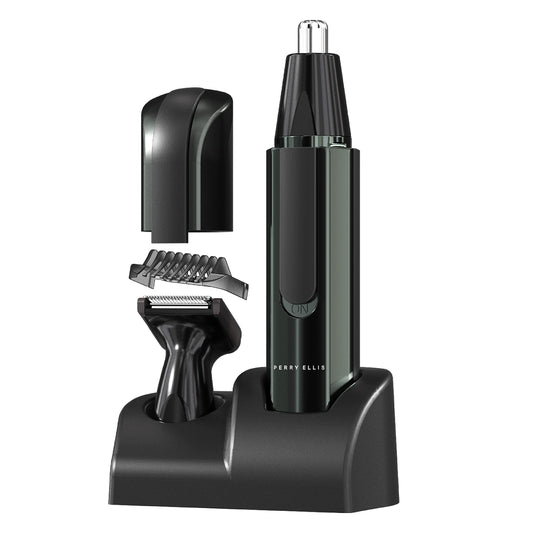 Perry Ellis Cordless Men’s Shaving Kit, Beard-, Ear-, and Nose-Hair Trimmer with 2 Detachable Heads, Trimming Guide with 4 Adjustable Levels, IPX4 Beauty and Personal Care Perry Ellis
