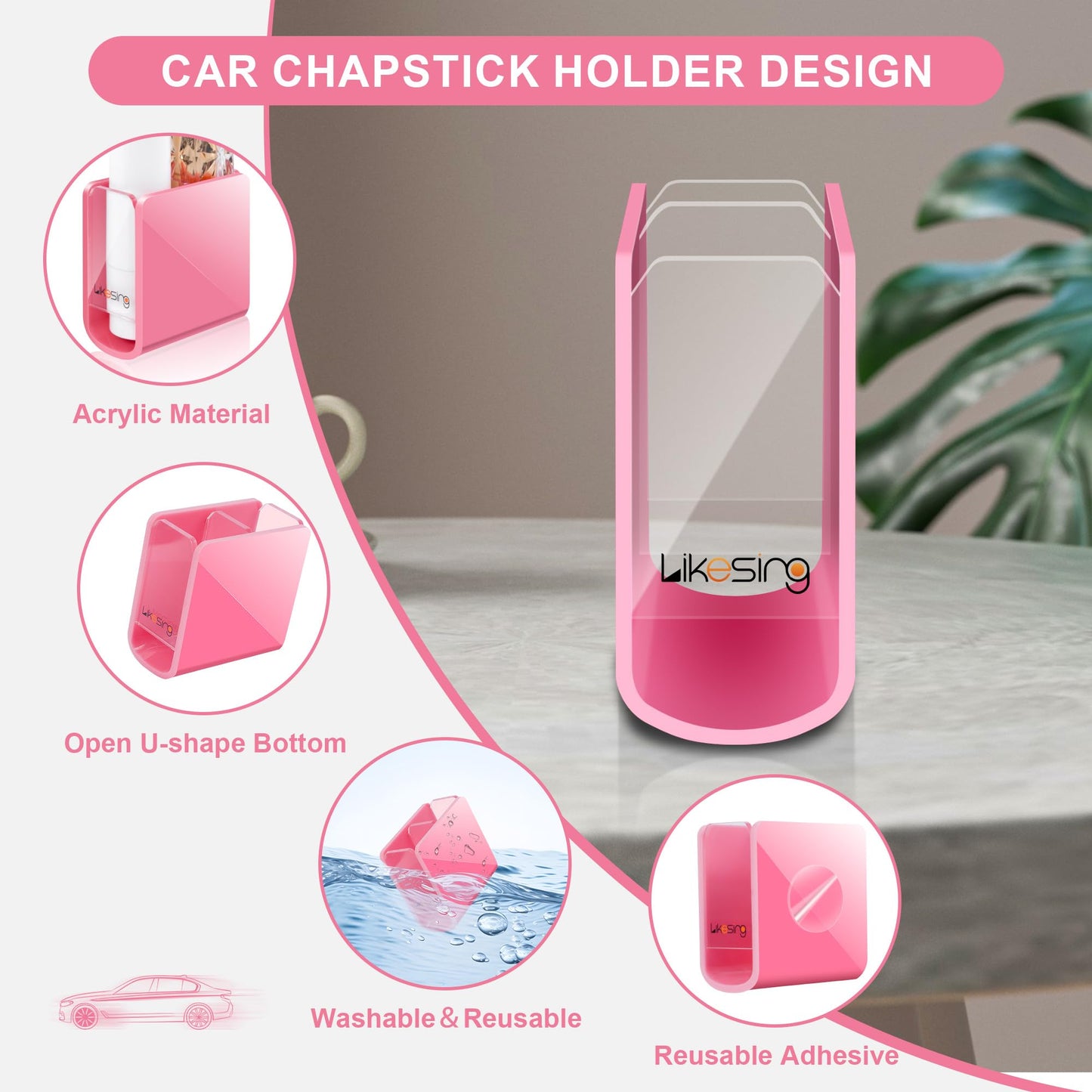 Likesing Car Chapstick Holder, Acrylic Pink Car Chap Upright Lip Balm Holder, Work Computer Side Lipstick Organizer Case Accessories Mount for Women Beauty and Personal Care Likesing