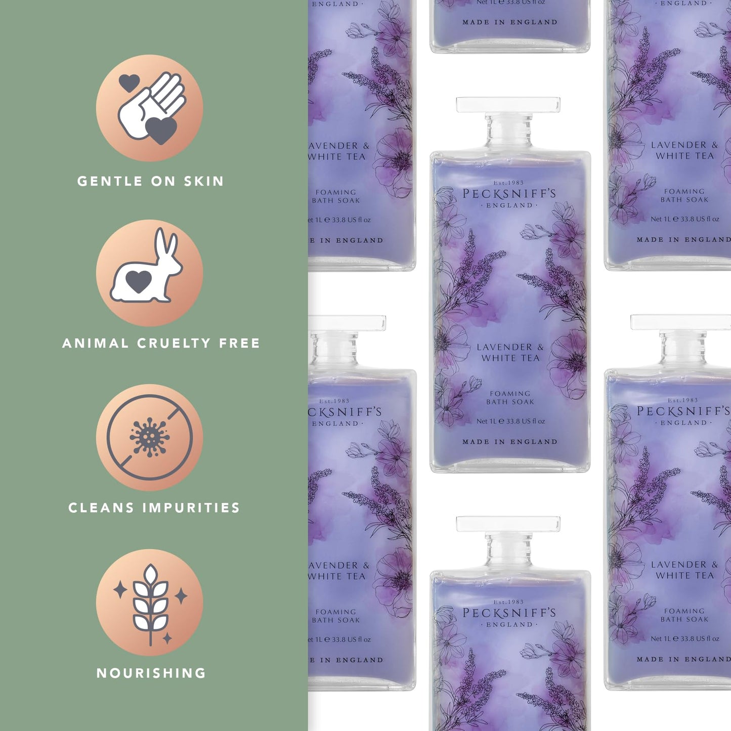 Pecksniff’s Lavender & White Tea Foaming Bath Soak - Luxury Bubble Bath, 1L / 33.8 fl oz, Made in England Beauty and Personal Care Pecksniff's