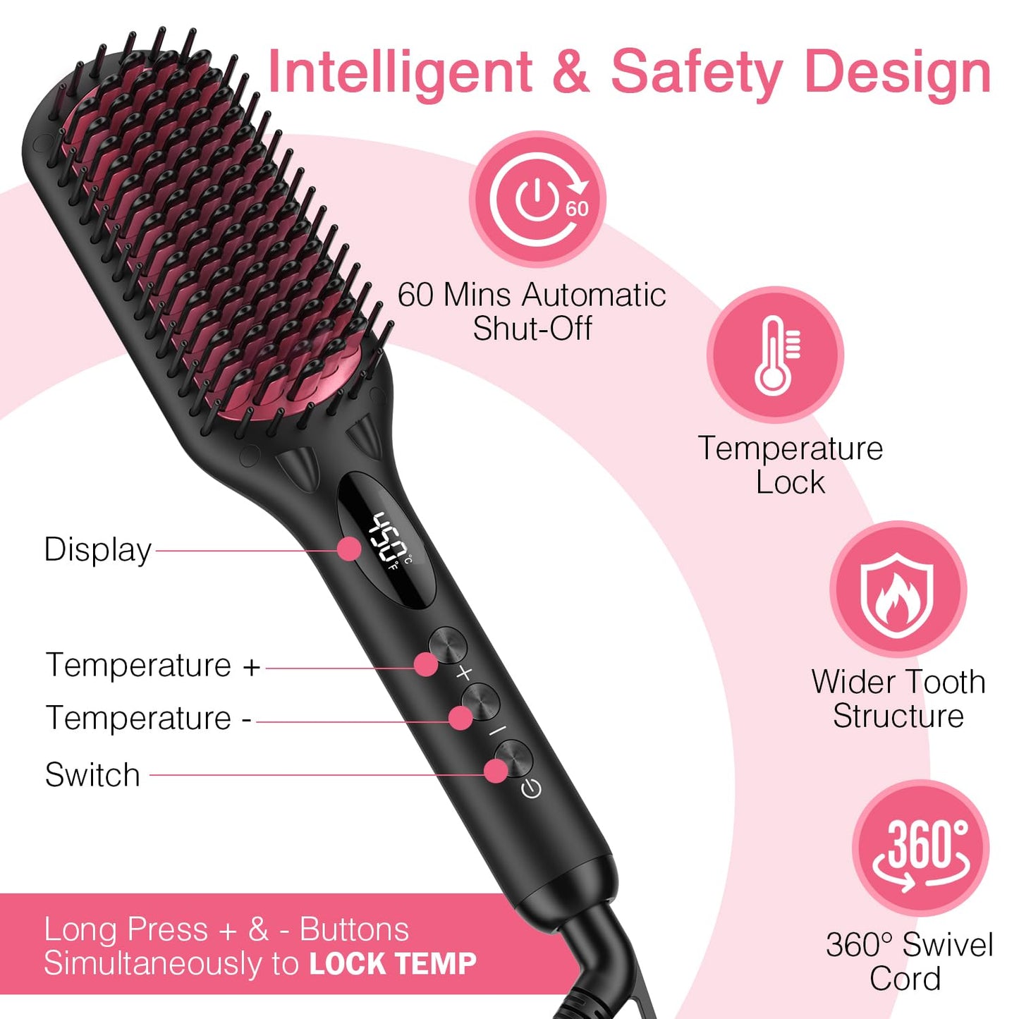 Enhanced Ceramic Hair Straightener Brush by MiroPure, 2-in-1 Ionic Straightening Brush with Anti-Scald Feature, Auto Temperature Lock & Auto-Off Beauty & Personal Care MiroPure