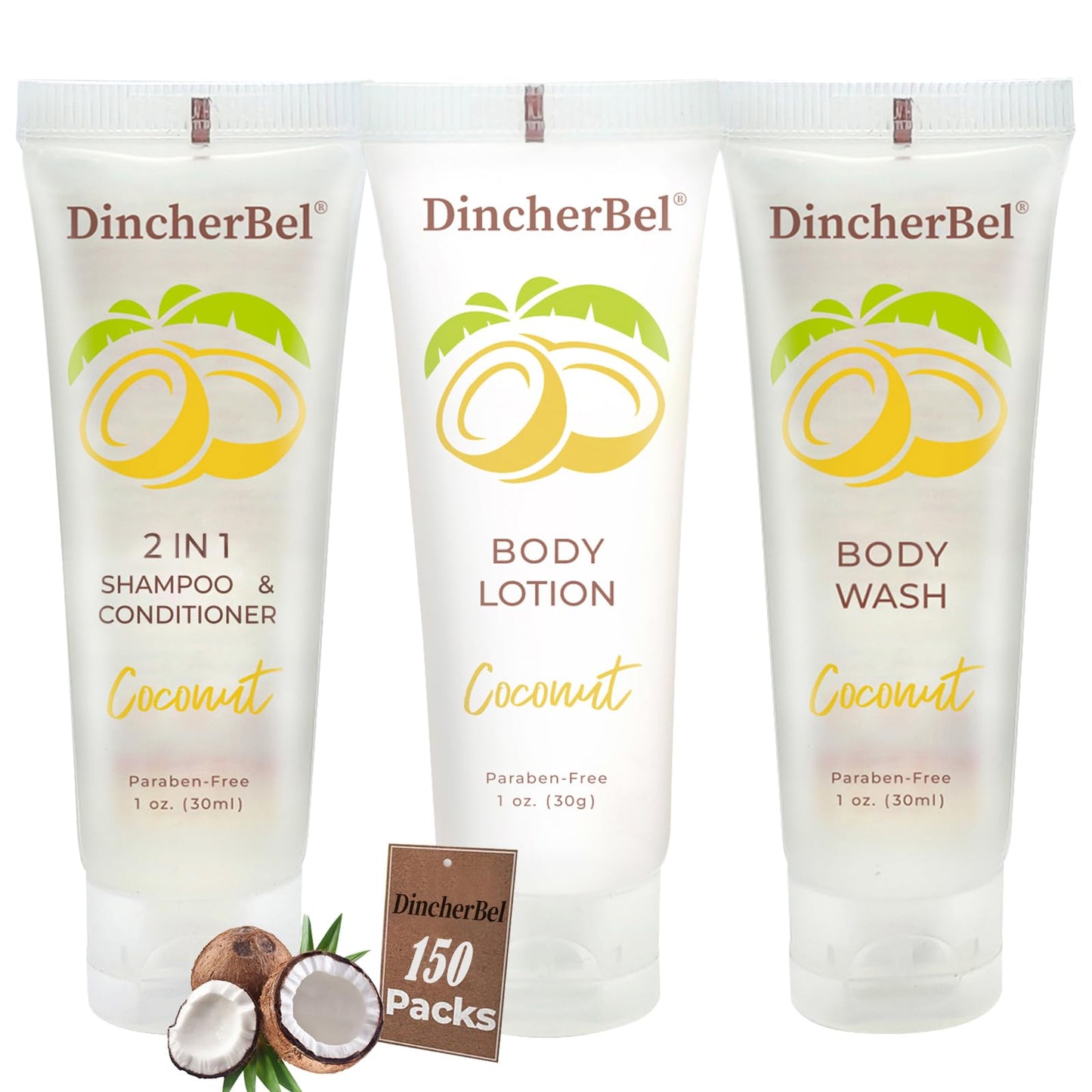 Travel Size Toiletries Kits, Bulk Mini Hotel Guest Amenities (Tropical Coconut, 1oz each), 3-Piece Sets Refreshing Coconut Scent - 50 Shampoo Beauty & Personal Care DincherBel