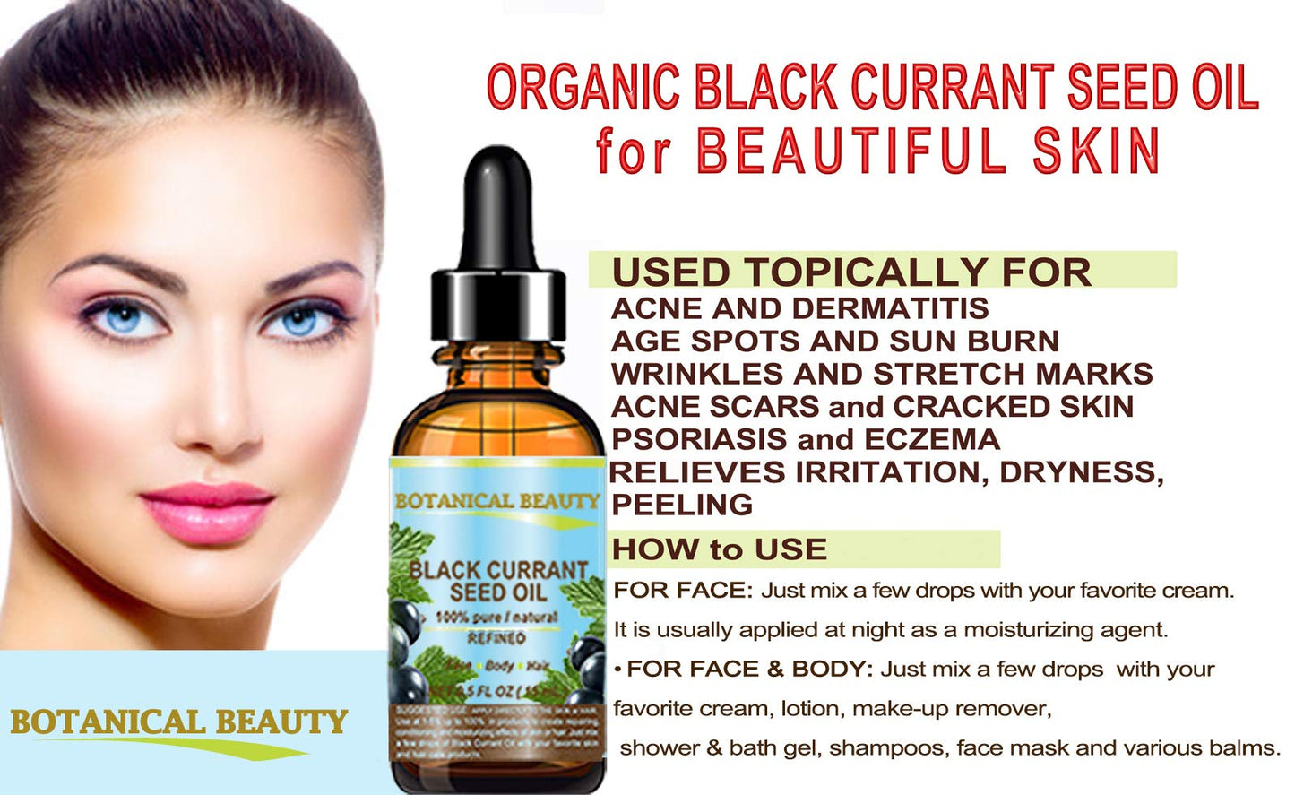 Botanical Beauty BLACK CURRANT SEED OIL 100% Pure Natural Undiluted Refined Cold Pressed Carrier oil. 0.5 Fl.oz. - 15ml. For Skin, Hair, Lip, Nail Beauty & Personal Care Botanical Beauty