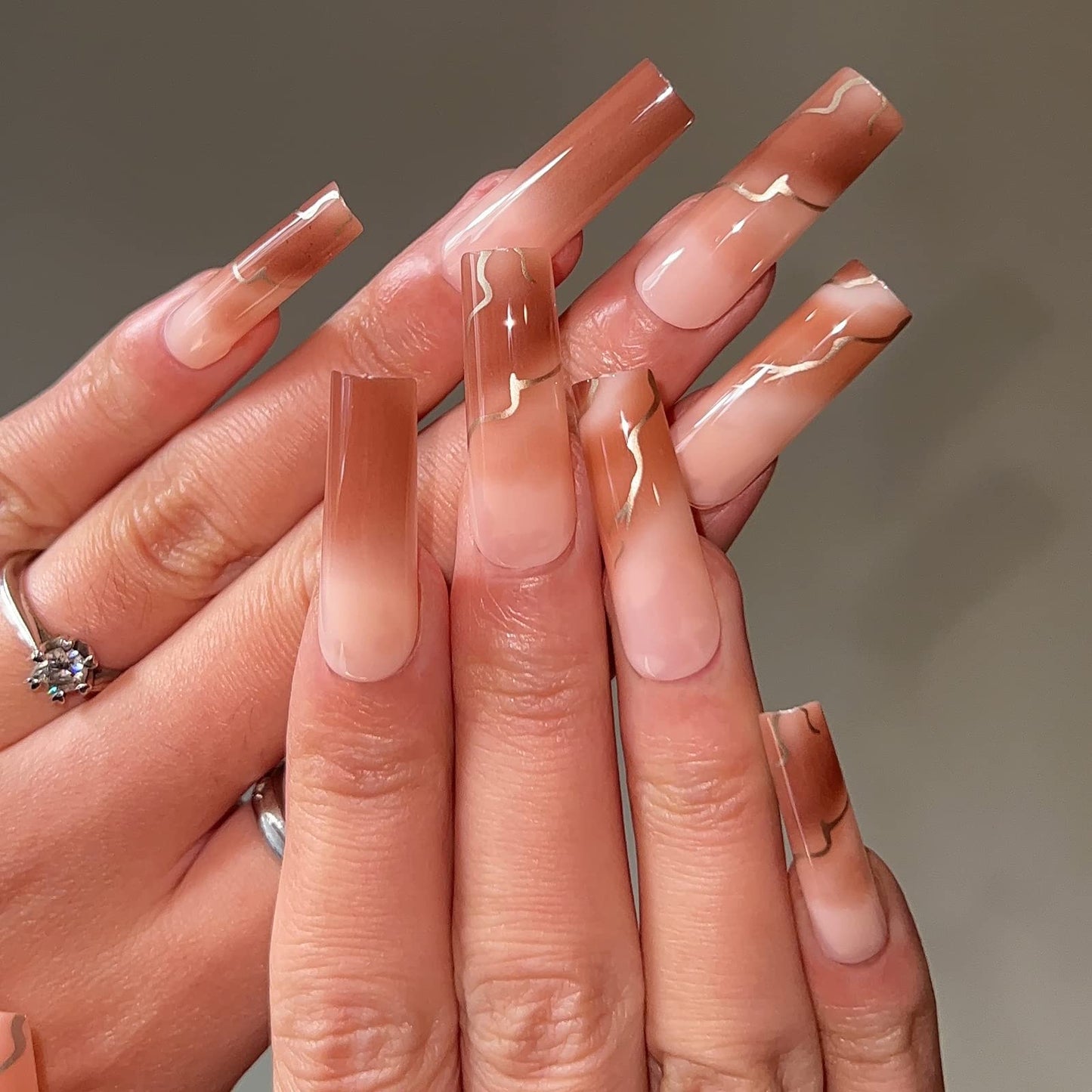 BABALAL Square Press on Nails - Long, Brown Acrylic, Ombre, Glossy Artificial Nails - Squoval Shape, for Women and Girls Beauty & Personal Care BABALAL