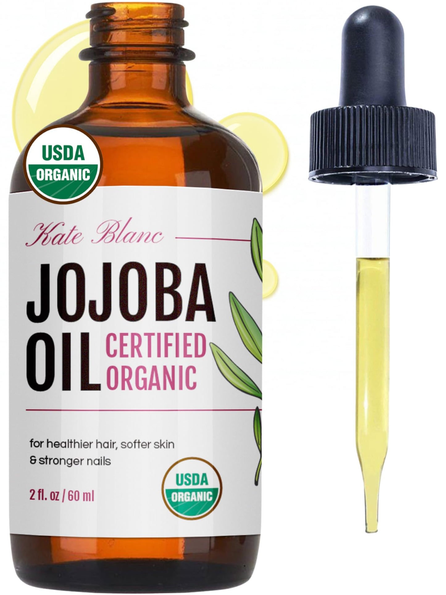 Kate Blanc Cosmetics Organic Jojoba Oil for Hair, Skin, Face, Nails (2oz) - USDA Certified, 100% Pure Cold Pressed Unrefined - Moisturizing Carrier Beauty & Personal Care Kate Blanc Cosmetics