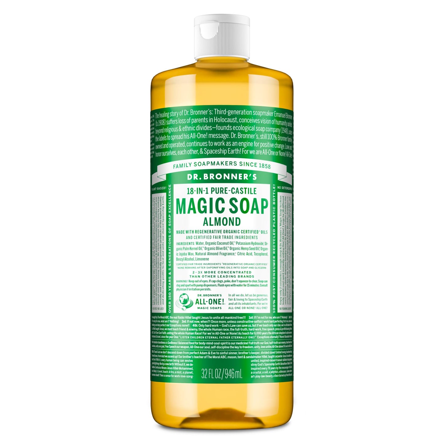 Dr. Bronner's Pure-Castile Magic Soap Liquid (Almond, 32 Ounce) - Made with Regenerative Organic Certified Oils, 18-in-1 Uses: Face, Body, Hair Beauty & Personal Care Dr. Bronner's