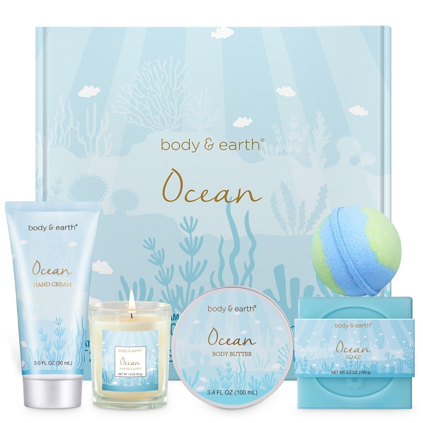 Gifts for Women, Bath and Body Womens Gift Sets with 5 Pcs Ocean Scented Spa Gifts for Women Bath Gift with Scented Candle Body Butter Hand Cream Bath Beauty & Personal Care BODY & EARTH