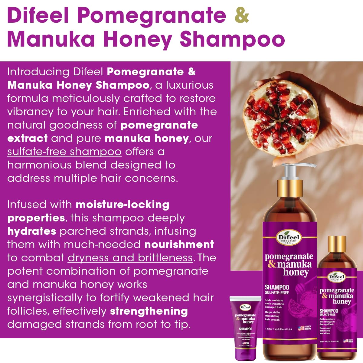 Difeel Pomegranate & Manuka Honey Hair Care Set - 12oz Shampoo, 12oz Conditioner, 8oz Leave-in Spray, 2.5oz Hair Oil Beauty & Personal Care Difeel