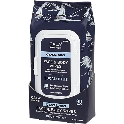 CALA for Men Cooling Face & Body Wipes, Eucalyptus Leaf Oil + Witch Hazel, Unscented Pre-Moistened Cleansing Tissues for Sweat & Grime, Soft Woven Beauty & Personal Care Cala