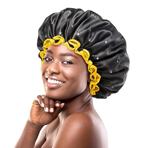 mikimini Extra Large Black Shower Cap for Women and Men Thick Long Hair Braids, Reusable Waterproof Double Layers XL Bathing Hair Caps with Vibrant Beauty & Personal Care mikimini