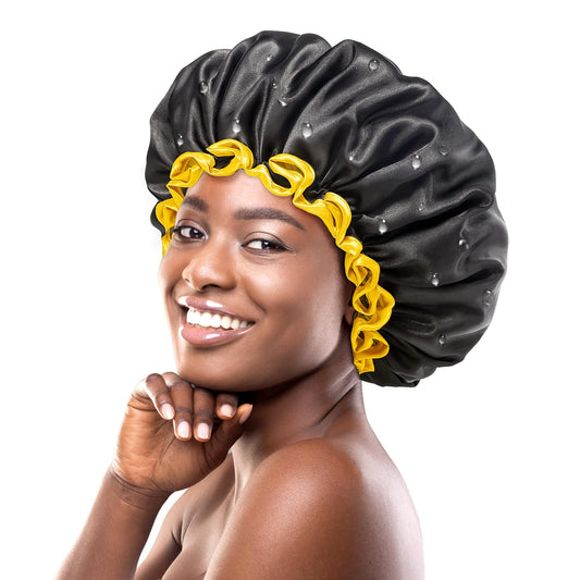 mikimini Extra Large Black Shower Cap for Women and Men Thick Long Hair Braids, Reusable Waterproof Double Layers XL Bathing Hair Caps with Vibrant Beauty & Personal Care mikimini