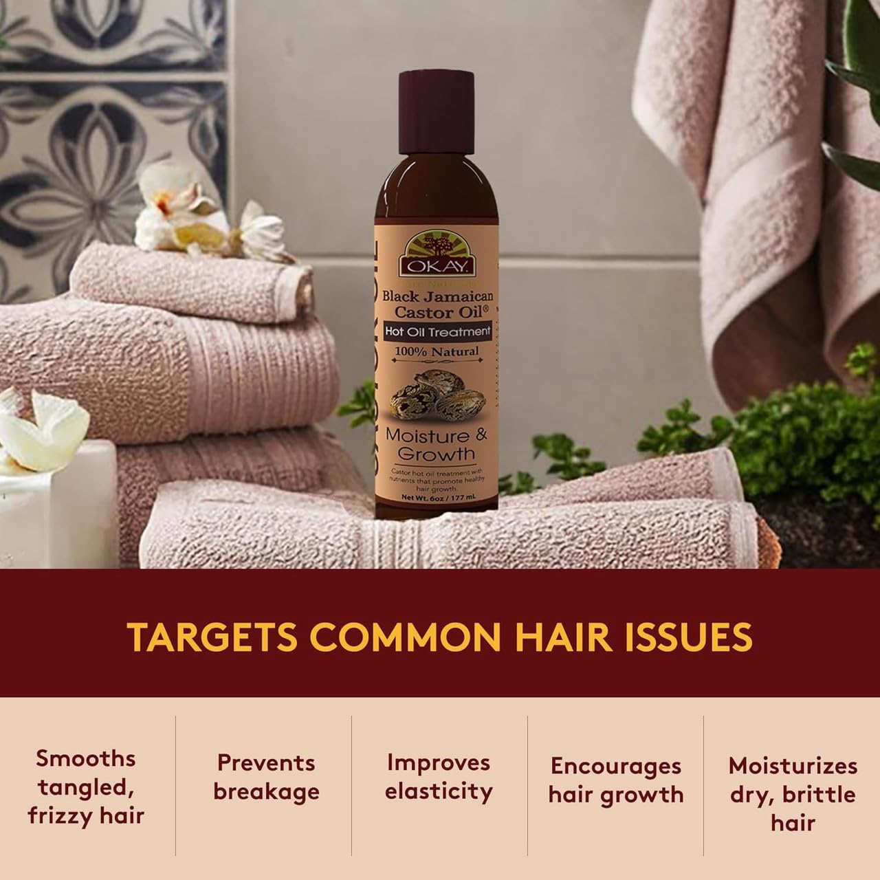 OKAY 100% Natural Black Jamaican Castor Hot Oil Hair Treatment - Castor Oil for Dry Damaged Frizzy Hair, Pure Therapy Blend with Jojoba for Men Beauty & Personal Care OKAY