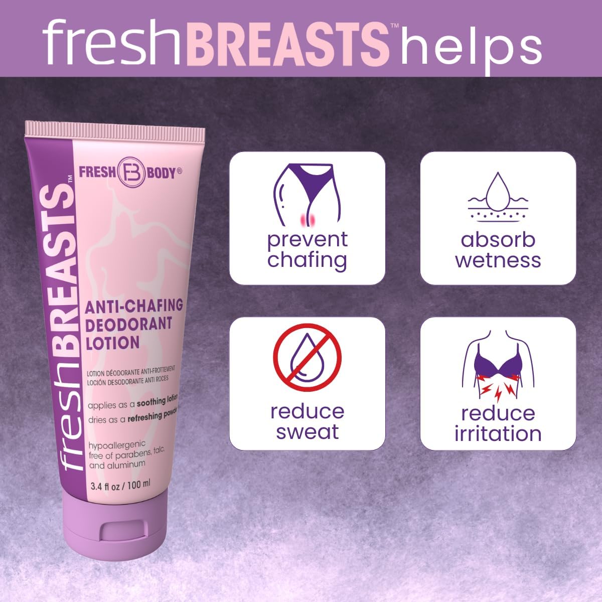 Fresh BREASTS Anti Chafe Cream Lotion to Powder, 3.4oz - Chafing Deodorant for Women, Inner Thighs & Areas that Sweat, No Talc, Aluminum or Added Beauty & Personal Care Fresh Body FB