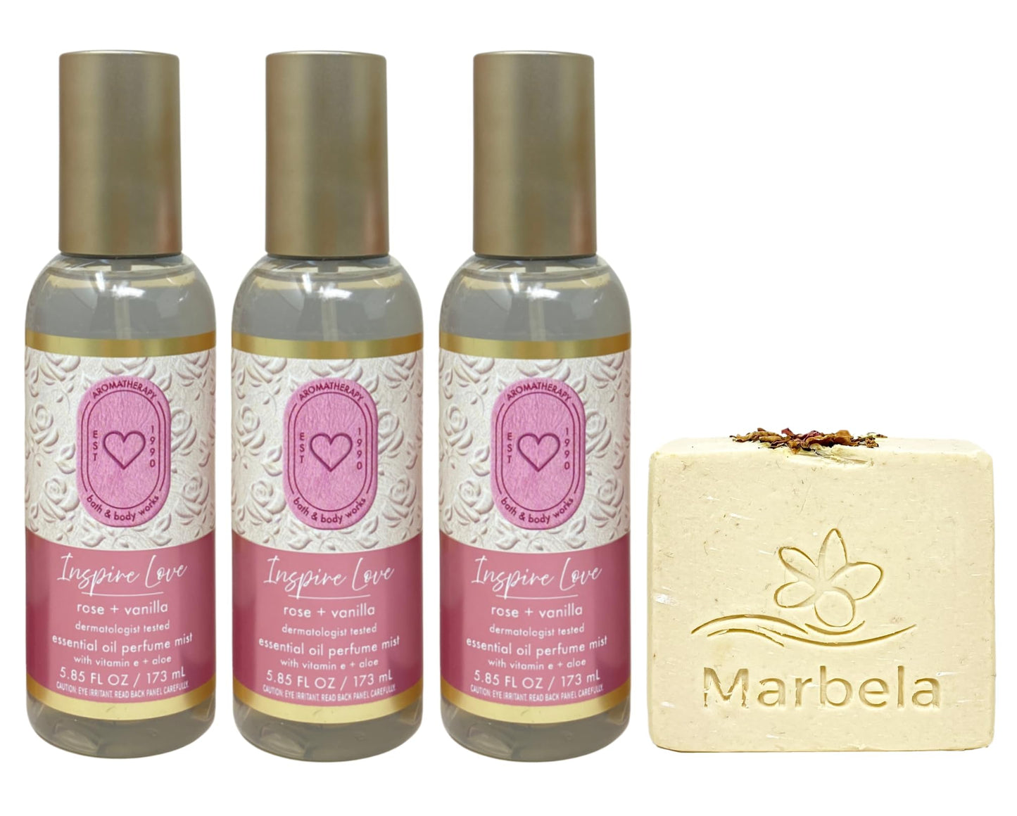 Bath & Body Works Aromatherapy Inspire Love Rose + Vanilla 3 Essential Oil Perfume Mists with a Creamy Rose Bar Soap Beauty & Personal Care Bath & Body Works