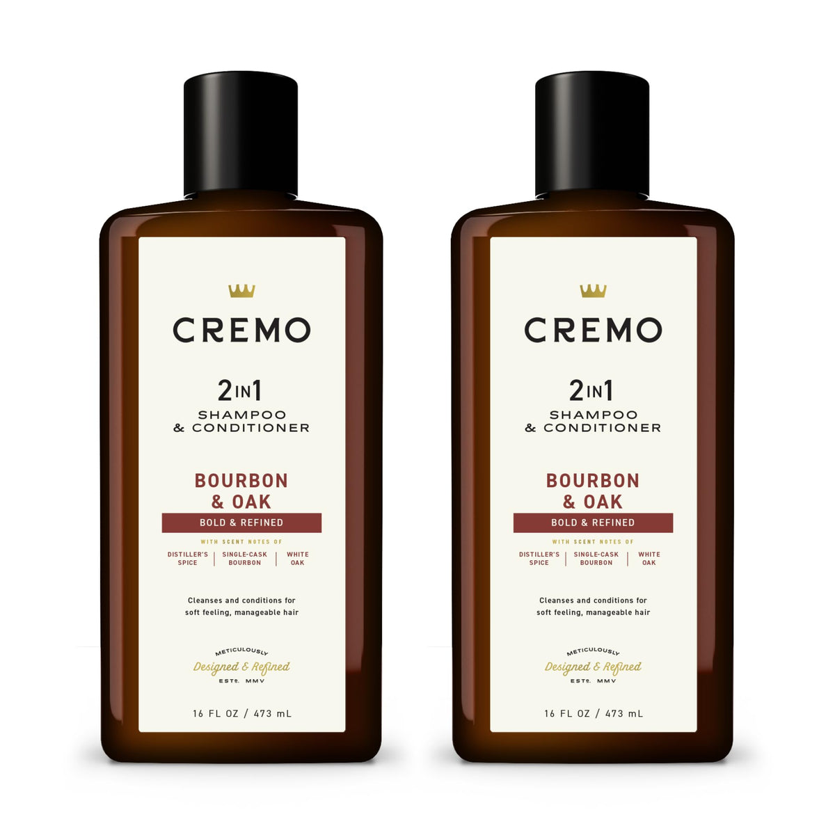 Cremo Bourbon & Oak Barber Grade 2-in-1 Shampoo & Conditioner, 16 Fl Oz (2-Pack) - A Sophisticated Blend of Distiller’s Spice, Fine Bourbon and White