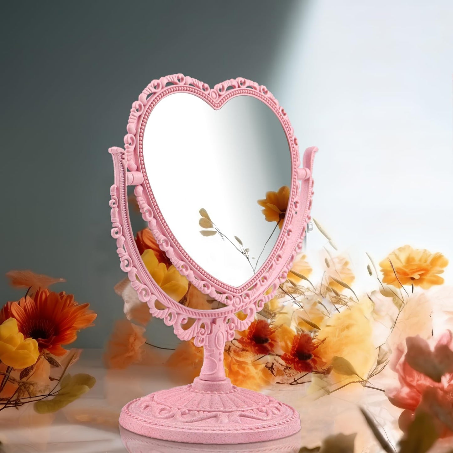 QEEYON Pink Heart Vanity Mirror - Double Sided 360 Degree Swivel - Aesthetic Makeup Cosmetic Mirror for Table Desk Countertop Dresser Coquette Beauty & Personal Care QEEYON