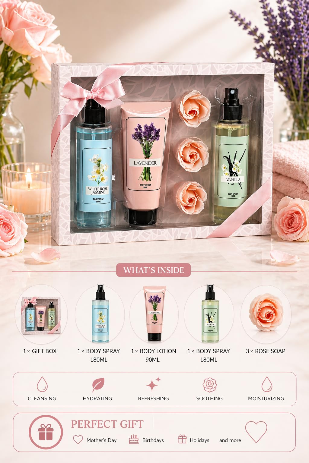 White Rose Jasmine Lavender Set - Mother's Day Spa Gift Basket for Mom, Luxury Bath & Body Set, White Rose Jasmine, Lavender, Vanilla Scented Self Beauty and Personal Care Freida and Joe