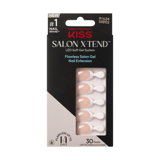 Kiss Salon X-tend, Press-On Nails, Nail glue included, 'Nonsense', Light White, Short Size, Almond Shape, Includes 30 Nails, 5Ml Led Soft Gel