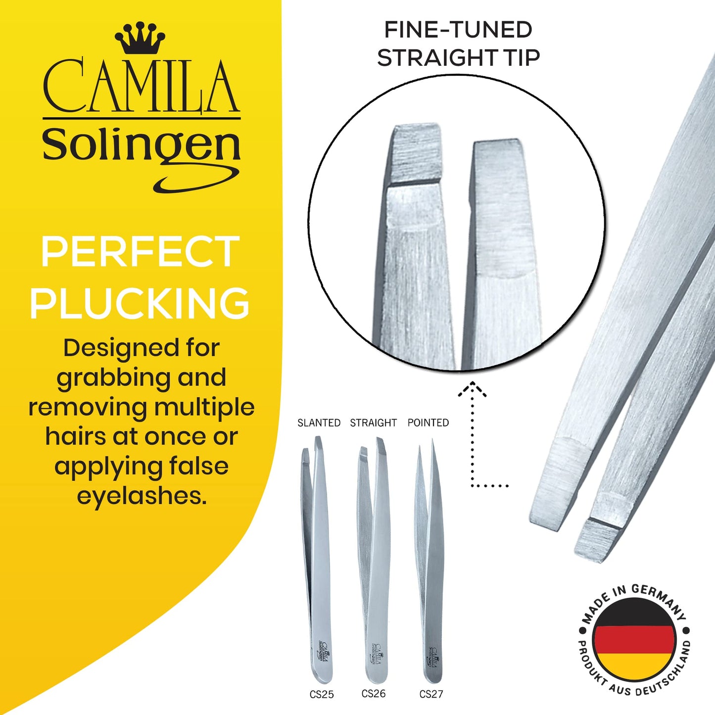 Camila Solingen CS26 4" Professional Surgical Grade Stainless Steel Precision Tip Eyebrow Tweezers for Facial Hair Shaping & Removal. Beauty Tool Beauty and Personal Care Camila Solingen