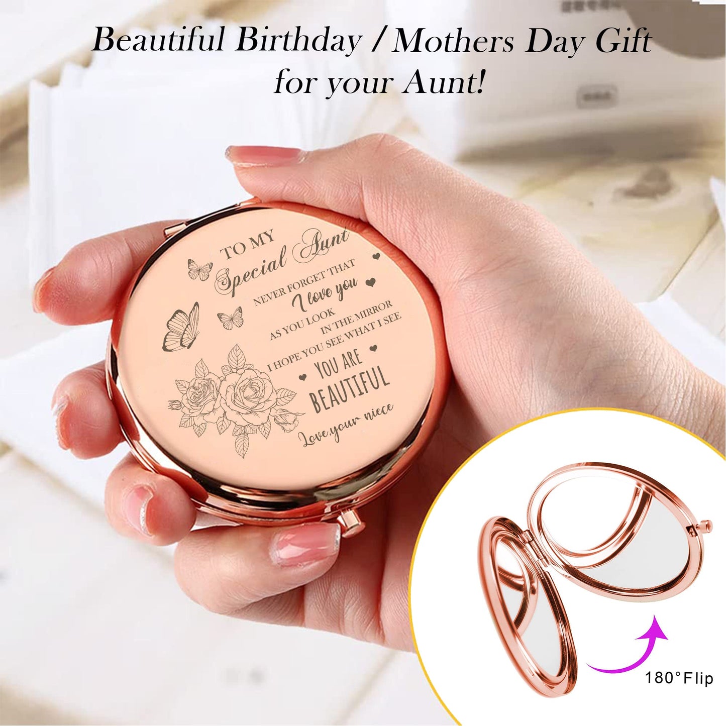 GAOLZIUY Compact Mirror, Rose Gold, 2.5 Inch Diameter, 7 cm L x 6.5 cm W, Luxury Gift for Aunt, Mother, Wedding, Christmas Beauty & Personal Care GAOLZIUY