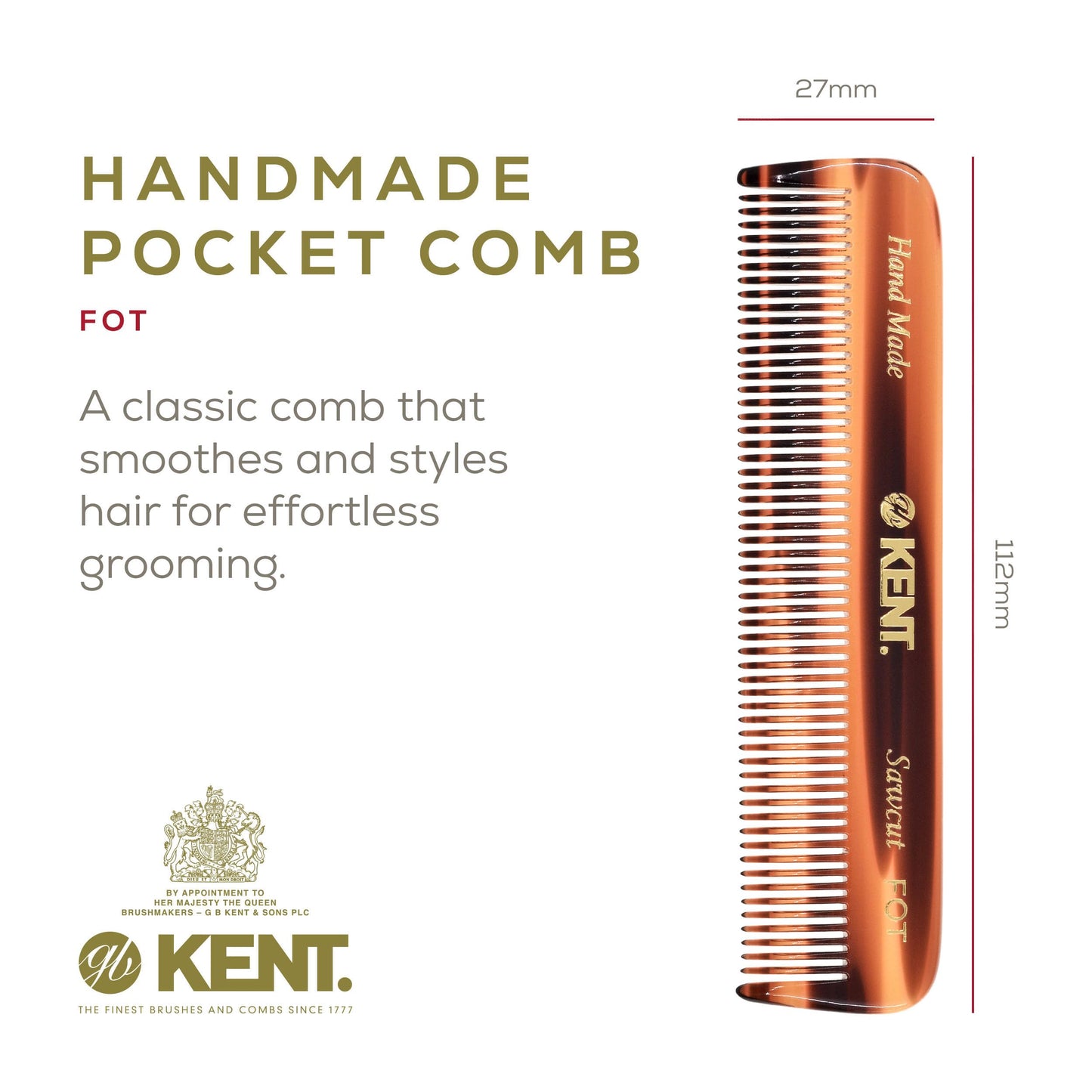 Kent FOT Fine Tooth Handmade Pocket Comb for Men, Women and Kids, Hair Comb Straightener for Everyday Grooming and Styling, Beard and Mustache, Saw Beauty and Personal Care KENT