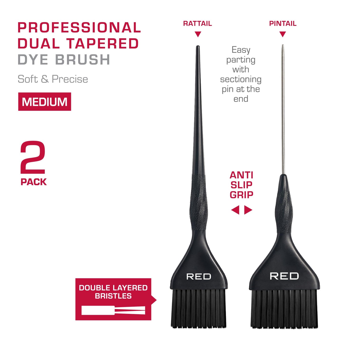 RED by Kiss Professional Dual Tapered Hair Dye Brush, Double Layered Bristles, Non-Slip Spiral Handle, Salon Precision Tool (Medium, 2PK) Beauty & Personal Care Red by Kiss